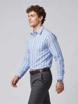 Charagh Din - Men Blended Regular Fit Blue Stripes Formal Shirt