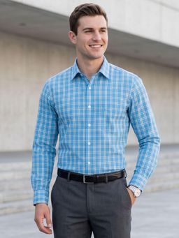 Charagh Din - Men Blended Regular Fit Blue Checks Formal Shirt