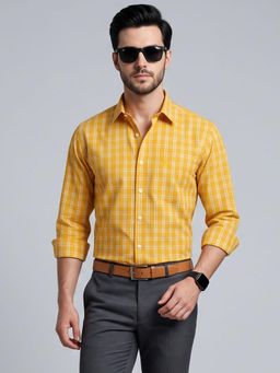 Charagh Din - Men Blended Regular Fit Yellow Checks Formal Shirt