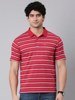 Classic Polo - Men Red Regular Fit Stripes Cotton Blend Polo T-shirt