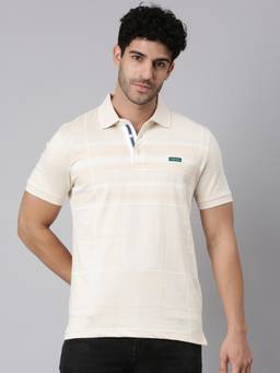Classic Polo - Men Cream Slim Fit Stripes Cotton Polo T-shirt