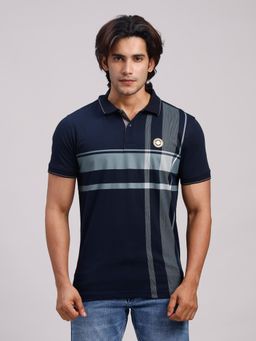 Classic Polo - Men Navy Blue Slim Fit Printed Cotton Polo T-shirt