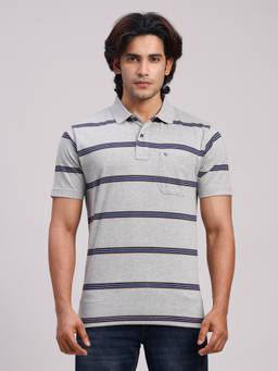 Classic Polo - Men Grey Regular Fit Stripes Cotton Blend Polo T-shirt