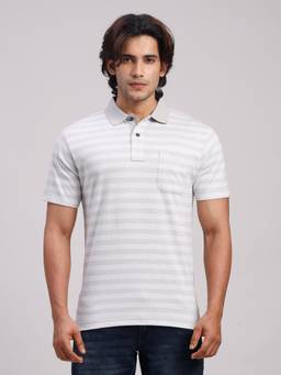 Classic Polo - Men Grey Regular Fit Stripes Cotton Polo T-shirt
