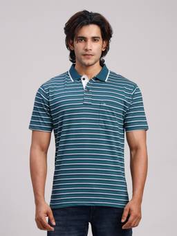 Classic Polo - Men Teal Regular Fit Stripes Cotton Blend Polo T-shirt