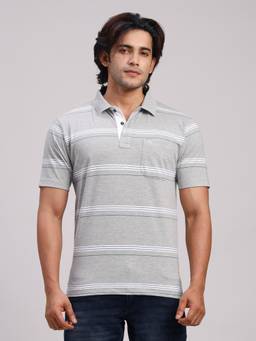 Classic Polo - Men Grey Regular Fit Stripes Cotton Polo T-shirt