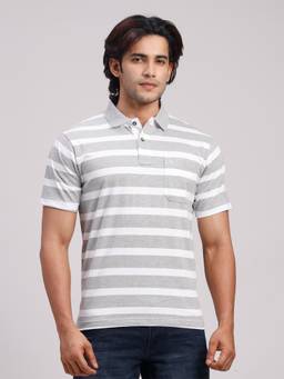 Classic Polo - Men Grey Regular Fit Stripes Cotton Polo T-shirt