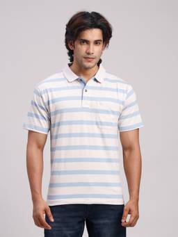 Classic Polo - Men Off White Regular Fit Stripes Cotton Blend Polo T-shirt