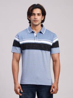 Classic Polo - Men Blue Regular Fit Stripes Cotton Polo T-shirt