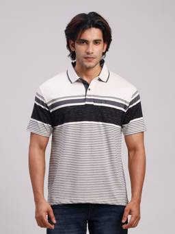 Classic Polo - Men Black Regular Fit Stripes Cotton Blend Polo T-shirt