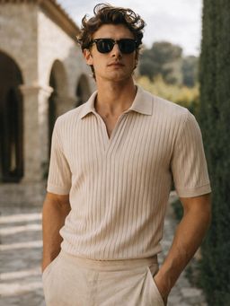 VEIRDO - Men Beige Textured Regular Fit Polo T-shirt