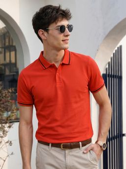 VEIRDO - Men Orange Solid Regular Fit Polo T-shirt