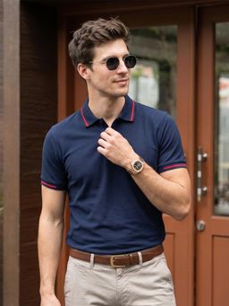 VEIRDO - Men Navy Blue Solid Regular Fit Polo T-shirt