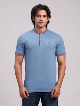 Classic Polo - Men Blue Slim Fit Solid/Plain Cotton T-shirt