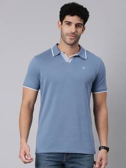 Classic Polo - Men Blue Slim Fit Solid/Plain Cotton Blend Polo T-shirt