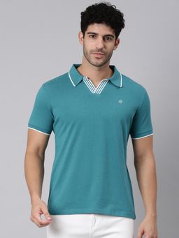 Classic Polo - Men Teal Slim Fit Solid/Plain Cotton Blend Polo T-shirt