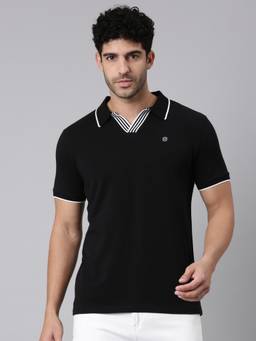 Classic Polo - Men Black Slim Fit Solid/Plain Cotton Blend Polo T-shirt