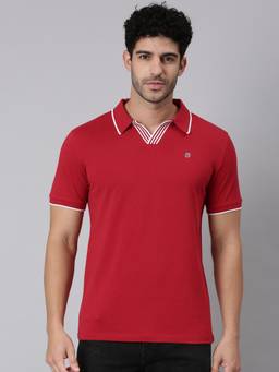 Classic Polo - Men Red Slim Fit Solid/Plain Cotton Blend Polo T-shirt