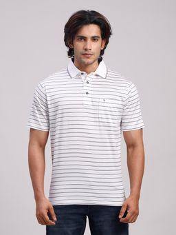 Classic Polo - Men White Regular Fit Stripes Cotton Polo T-shirt