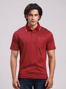 Classic Polo - Men Red Regular Fit Stripes Cotton Polo T-shirt