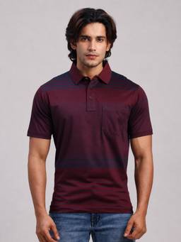 Classic Polo - Men Burgundy Regular Fit Stripes Cotton Polo T-shirt