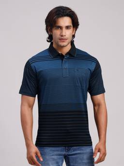 Classic Polo - Men Teal Regular Fit Stripes Cotton Polo T-shirt