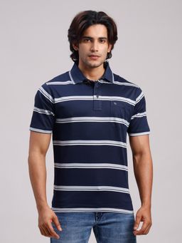 Classic Polo - Men Navy Blue Regular Fit Stripes Cotton Polo T-shirt