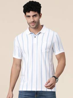 Classic Polo - Men White Slim Fit Stripes Cotton Blend Polo T-shirt