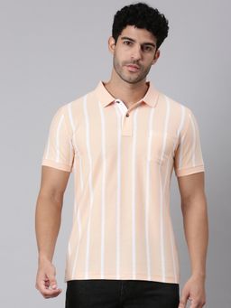 Classic Polo - Men Orange Slim Fit Stripes Cotton Blend Polo T-shirt