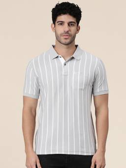 Classic Polo - Men Grey Slim Fit Stripes Cotton Blend Polo T-shirt