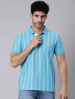 Classic Polo - Men Turquoise Slim Fit Stripes Cotton Blend Polo T-shirt