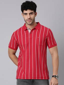 Classic Polo - Men Red Slim Fit Stripes Cotton Blend Polo T-shirt