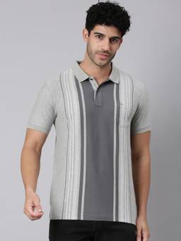 Classic Polo - Men Grey Slim Fit Stripes Cotton Blend Polo T-shirt