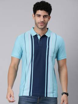 Classic Polo - Men Turquoise Slim Fit Stripes Cotton Blend Polo T-shirt