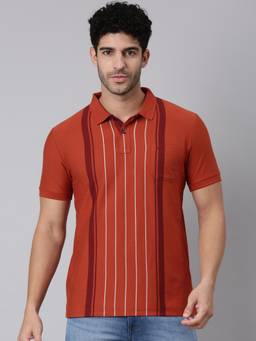 Classic Polo - Men Rust Slim Fit Stripes Cotton Blend Polo T-shirt