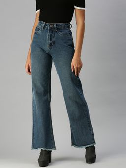 SHOWOFFFF - Women Clean Look Blue Wide Leg Denim Jeans