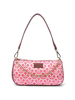 Zouk - Floral Printed Women Handcrafted Pink And Cream Baguette Bag