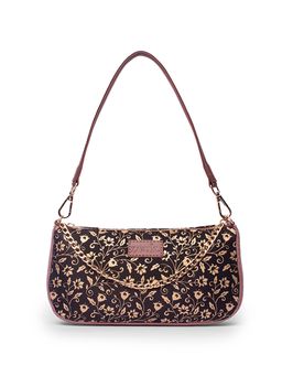 Zouk - Floral Printed Women Handcrafted Black And Golden Baguette Bag