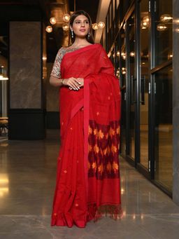 Beatitude - Red Shade Handwoven Cotton Noil Silk Saree with Unstitched Blouse