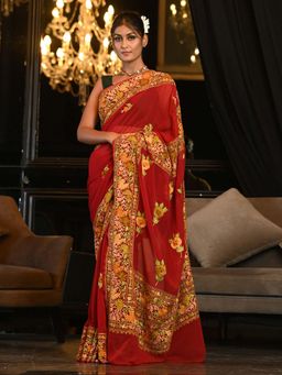 Beatitude - Red Shade Hand Embroidered Kashmiri Saree with Unstitched Blouse