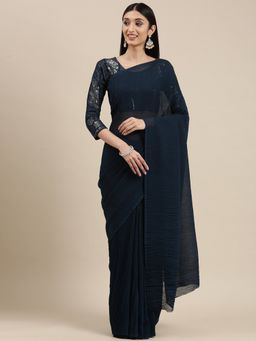 VAIRAGEE - Teal Solid Pleated Saree with Unstitched Blouse