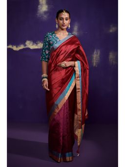 Dressfolk - Handwoven Half Purple and Half Deep Red Saree with Teal Metallic Borders 100% Pure Handloom Silk