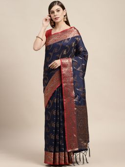 Sangam Prints - Navy Blue Banarasi Silk Zari Woven Work Tassle Saree with Unstitched Blouse
