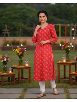 Maaesa - Women Red Cotton Straight Printed Kurta