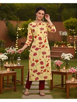 Maaesa - Women Yellow Cotton Straight Printed Kurta