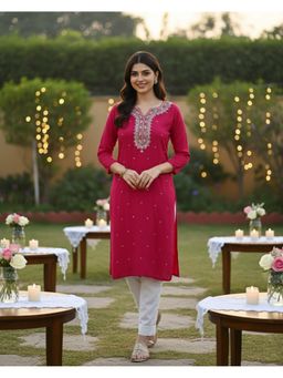 Maaesa - Women Pink Rayon Straight Embroidered Kurta