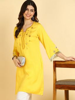 Maaesa - Women Yellow Rayon Straight Embroidered Kurta