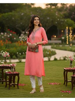 Maaesa - Women Pink Rayon Straight Embroidered Kurta