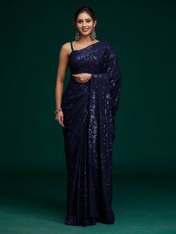 Koskii - Navy Blue Embellished Georgette Saree with Unstitched Blouse
