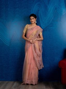 Beatitude - Pink Silver Toned Embroidered Net Saree with Unstitched Blouse
